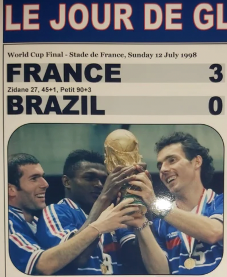 Newspaper headline announcing France 3, Brazil 0